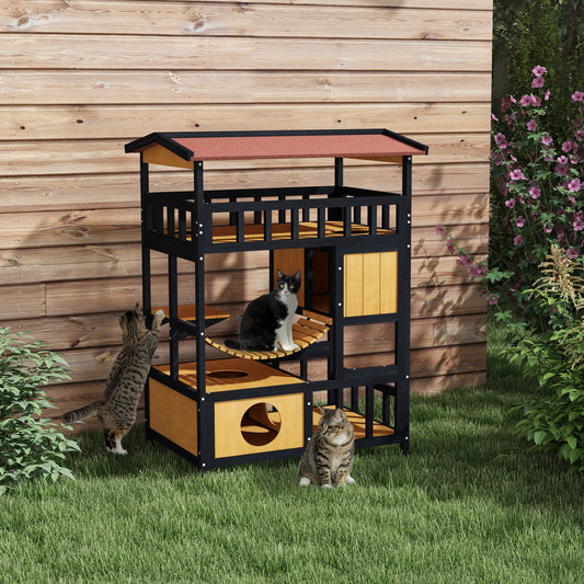 PawLuxe Outdoor Cat Shelter, Four-Tier Wooden Feral Cat House, With Suspension Bridge, Cat Houses, Balcony, Escape Doors